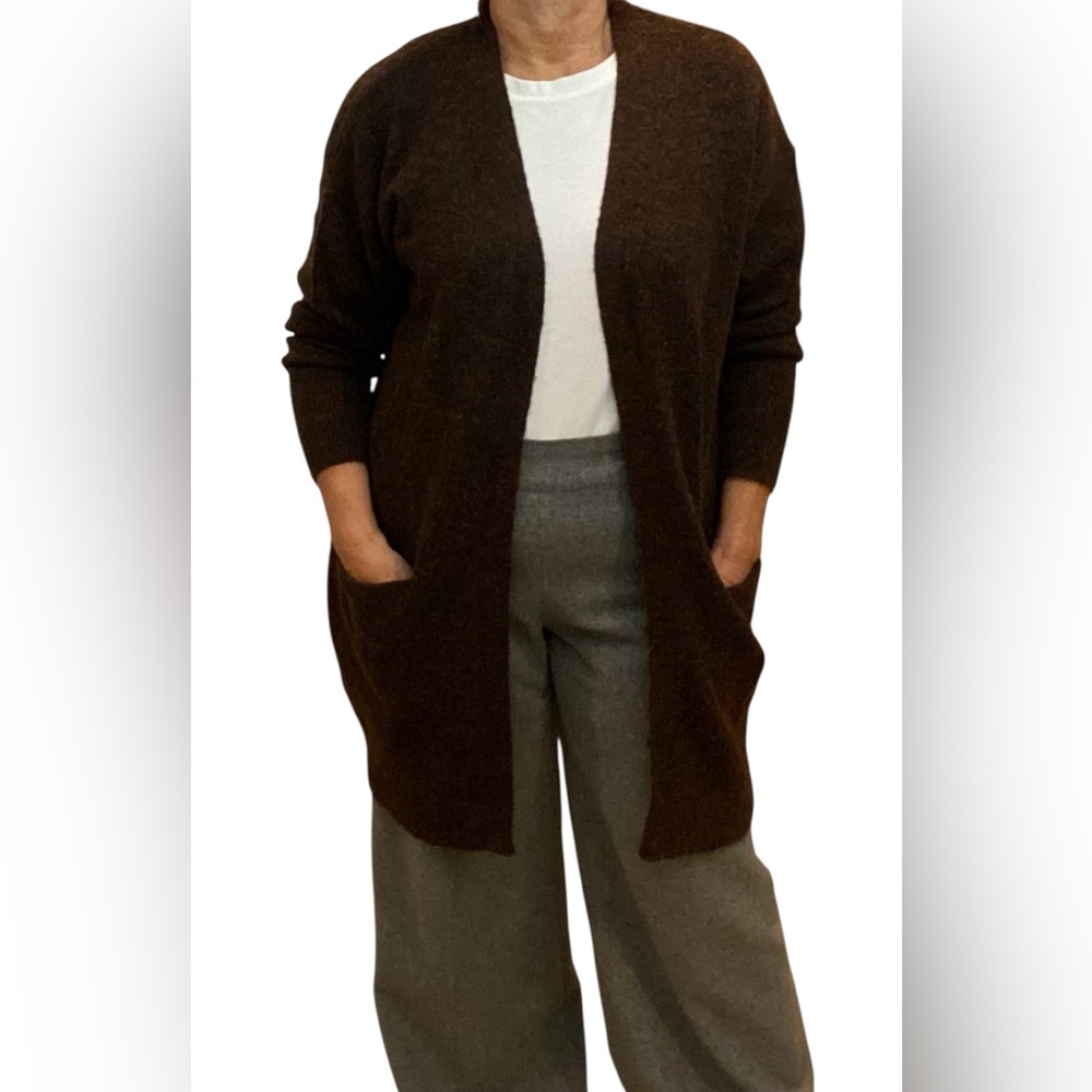 Wool Alpaca Blend Chocolate Brown Open Front Cardigan Large fuzzy cozy Normcore
